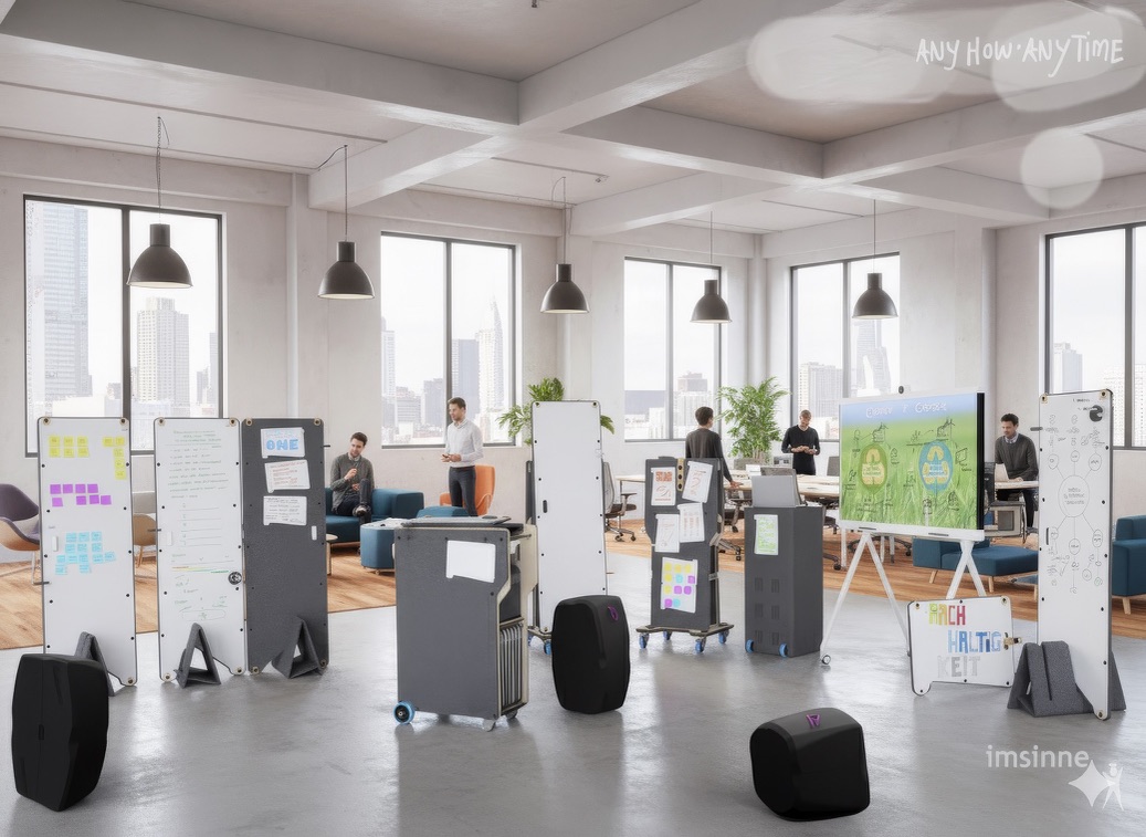 Personen stehen um die ideenbretter und hockblocs in einem modernen Büro herum
