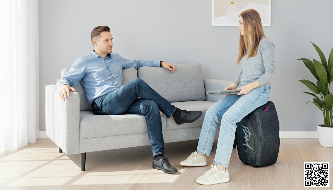 Frau sitzt auf dem Hockbloc und mann sitzt als Therapeut auf der Couch