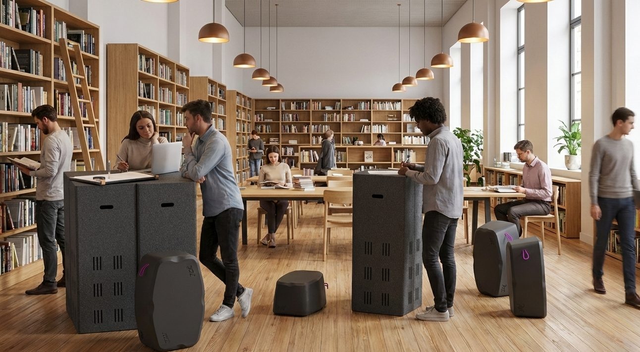 Personen in einer modernen Bibliothek mit Holzregalen, die das graue ideenmeet Stehpult-System und hockbloc Stehhocker für kollaboratives Arbeiten und Lernen nutzen.