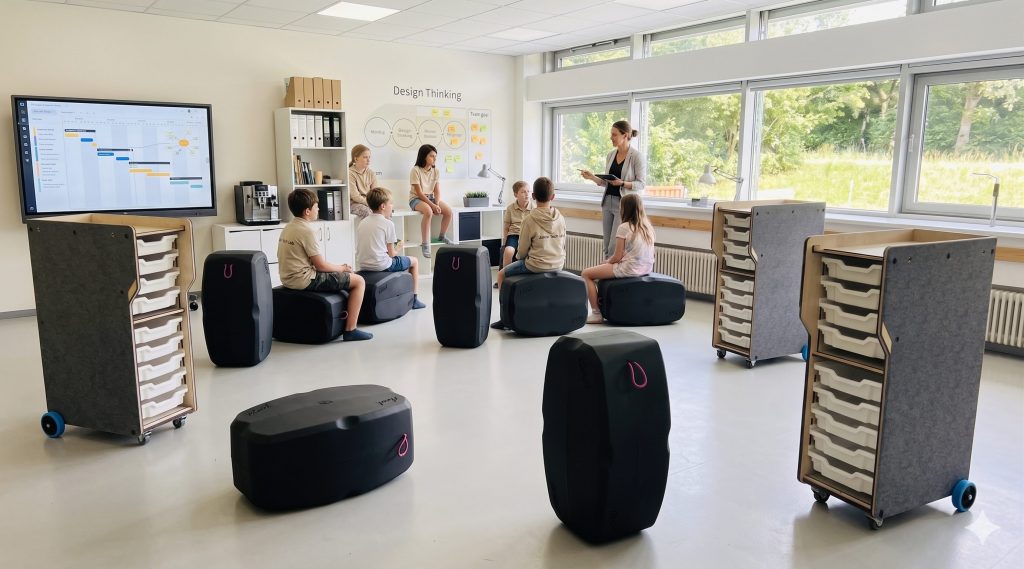 Projektorientiertes Lernen im Innovation-Lab: Schüler arbeiten in einem agilen, mit digitalem Screen und Design-Thinking-Elementen ausgestatteten Klassenzimmer. Die flexiblen Möbel von im Sinne machen den Raum multifunktional.