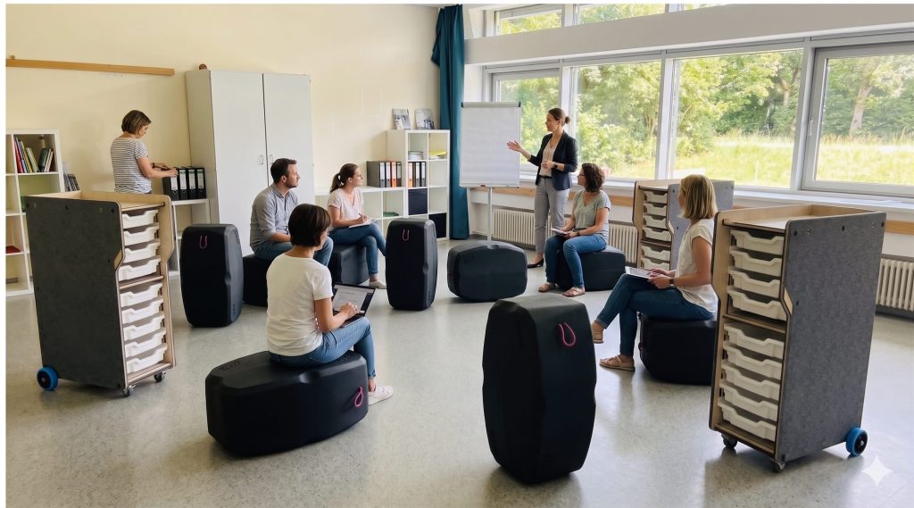 Projektorientiertes Lernen im Innovation-Lab: Schüler arbeiten in einem agilen, mit digitalem Screen und Design-Thinking-Elementen ausgestatteten Klassenzimmer. Die flexiblen Möbel von im Sinne machen den Raum multifunktional.