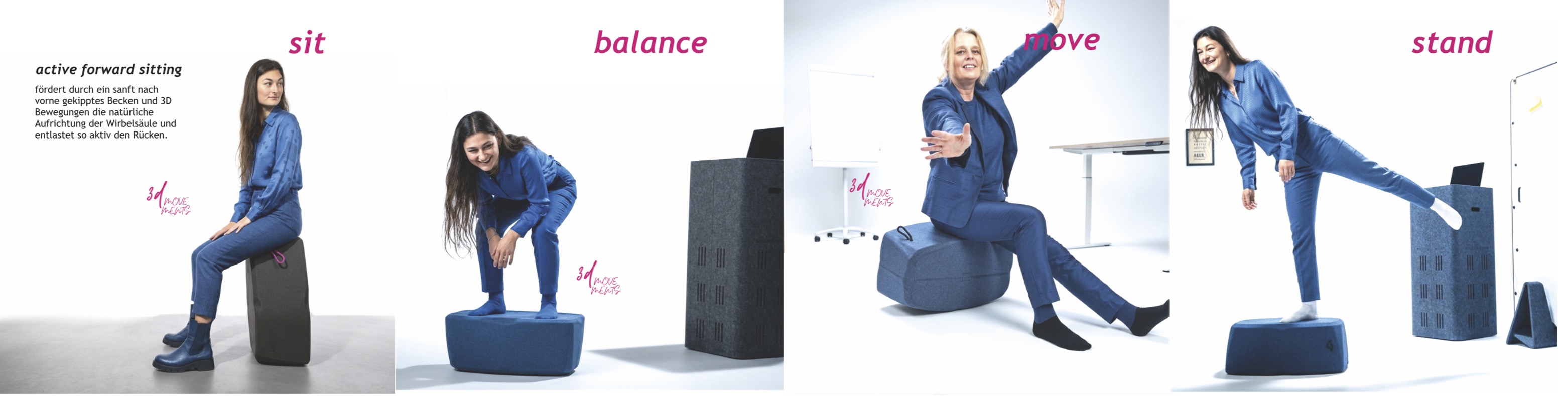 Vier Anwendungsbereiche des Hockblocs: Sitzen (sit), Balancieren (balance), Bewegen (move) und Stehen (stand) zur Mobilisation in Osteopathie und Physiotherapie.